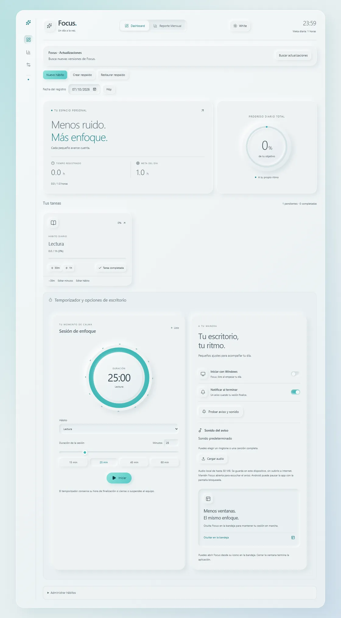 Interfaz de Focus para gestionar hábitos y consultar el progreso