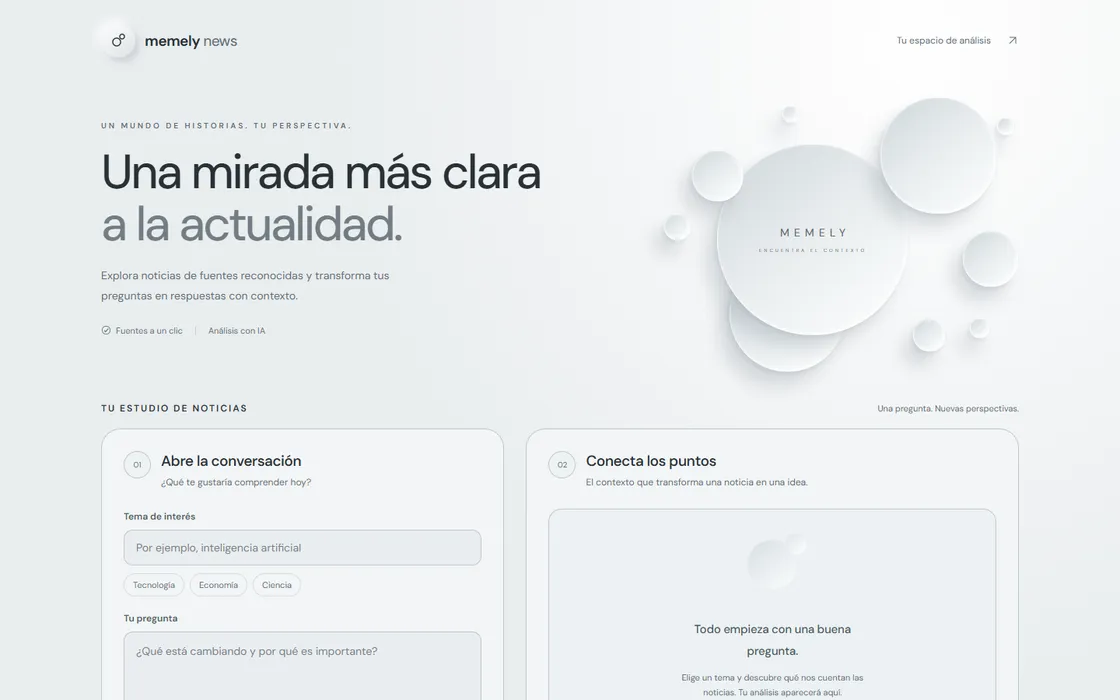 Interfaz de Memely News para buscar noticias y realizar consultas con IA